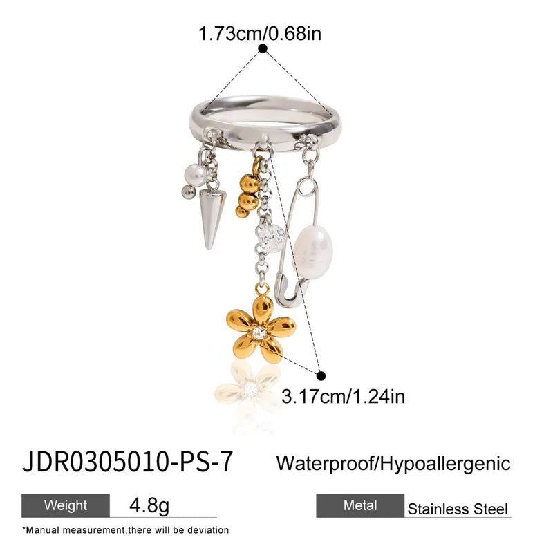 Gwen silver band ring with dangling pearl and flower charms, view 2