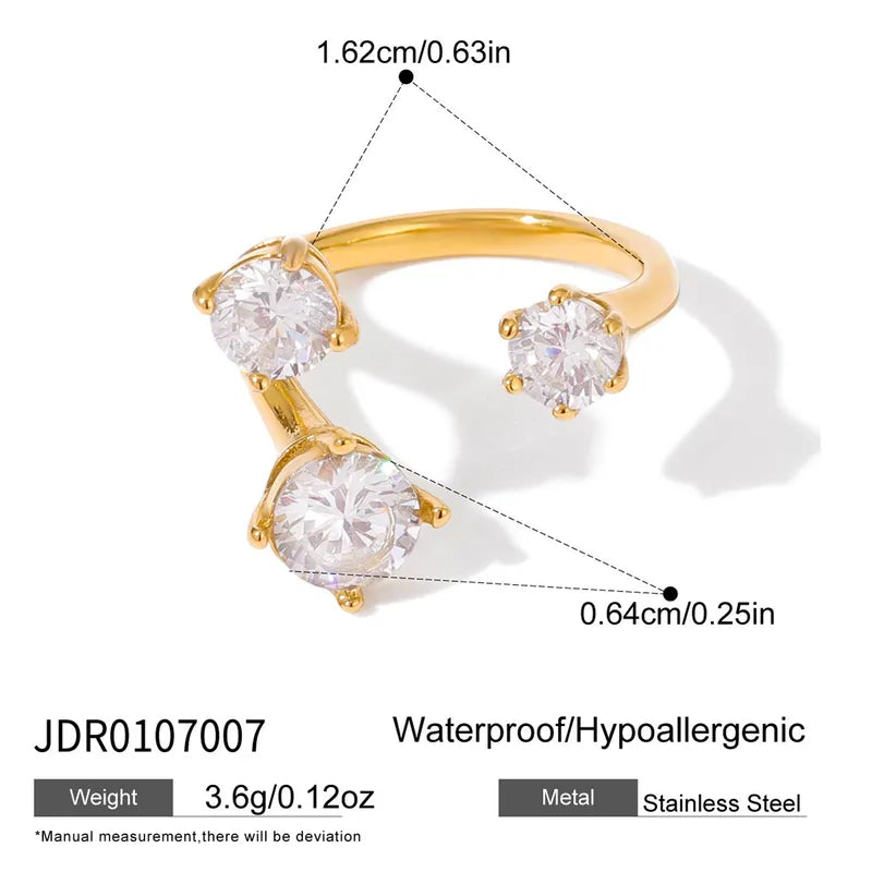 Rebecca gold open ring with three round prong-set stones, view 2