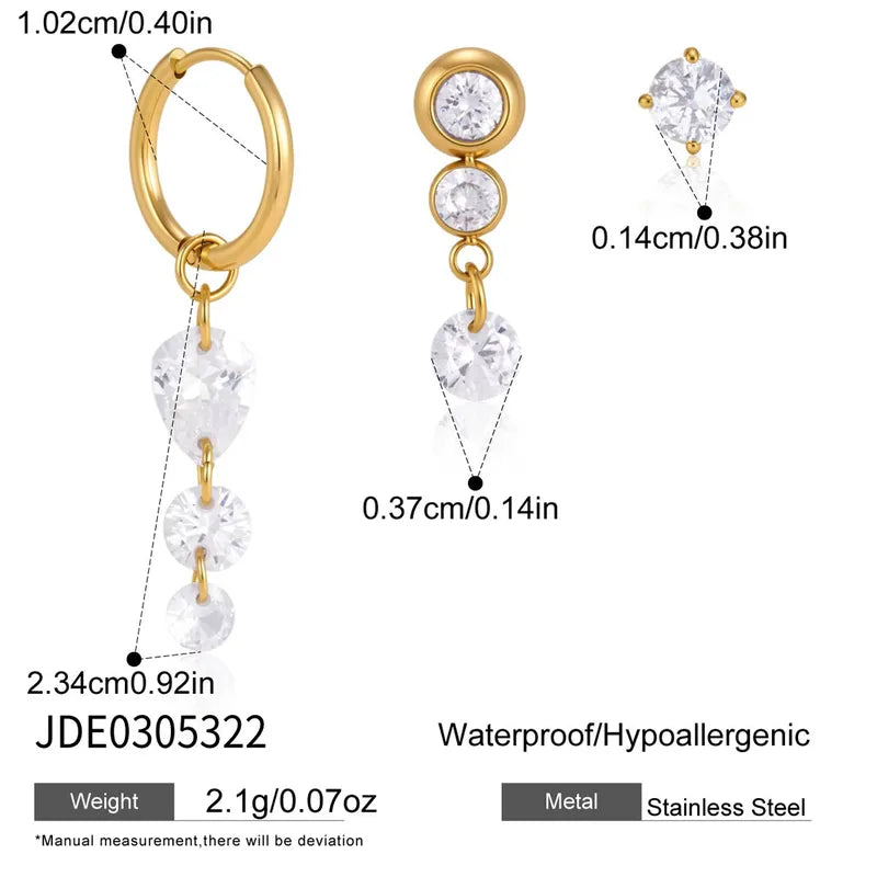 Daniela three piece gold earring set with crystal drop hoop, bezel drop and crystal stud, size and dimensions