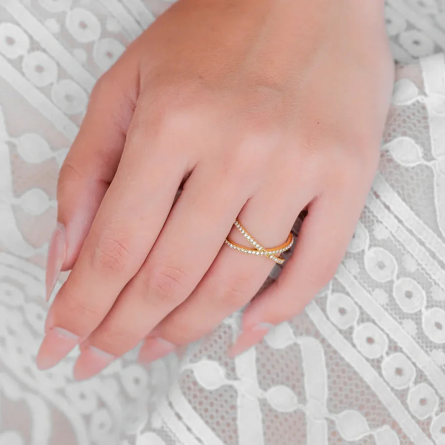 Abigail slim gold double criss cross pave ring, view 3