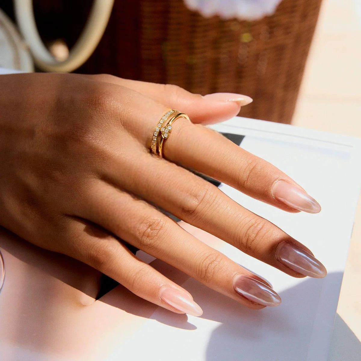 Annabel gold double band ring with a pave heart, view 3