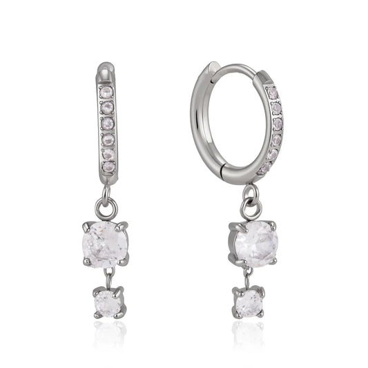 Joelle silver pave huggie earrings with double clear crystal drop
