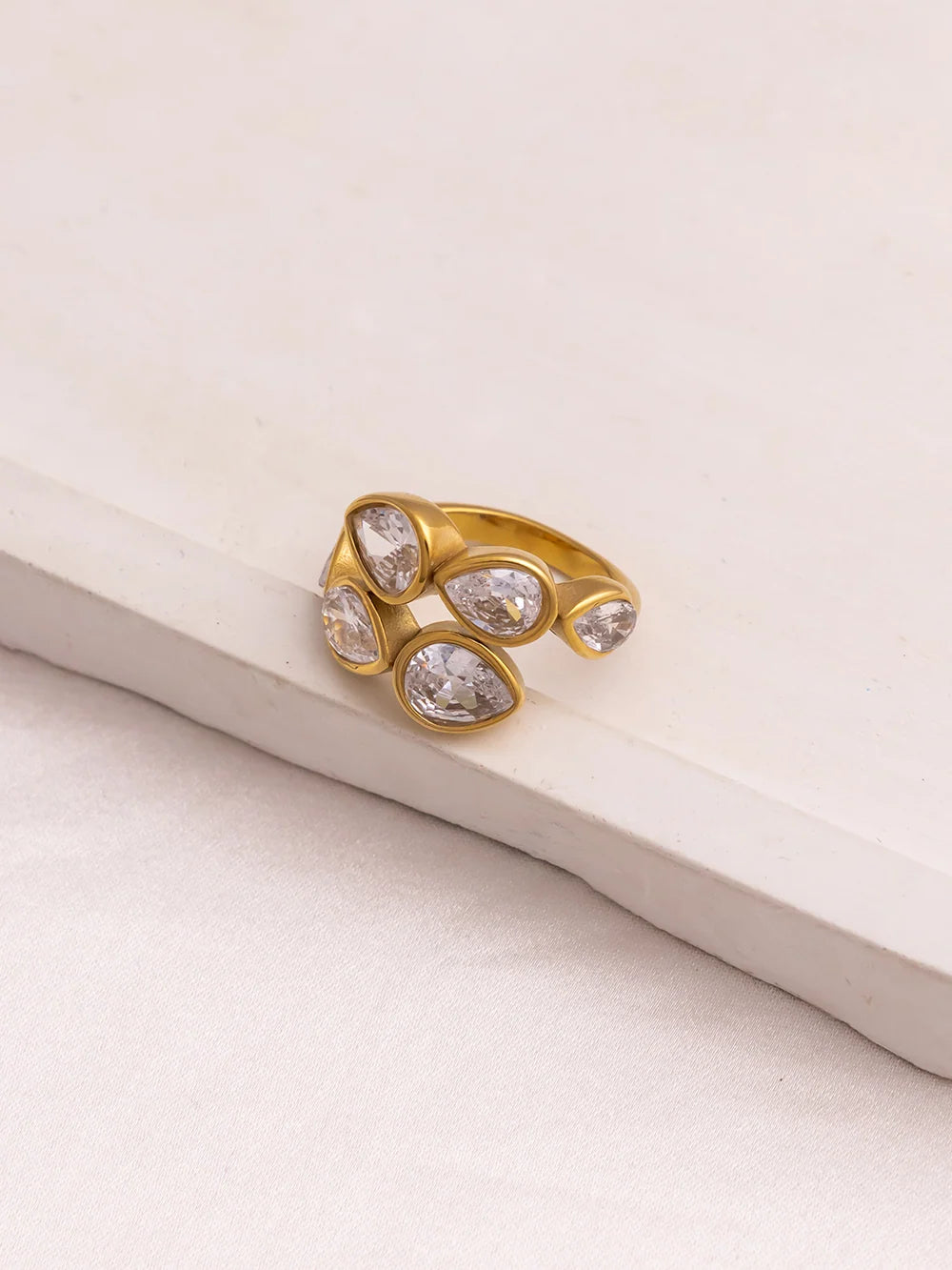 Sylvie gold ring with four pear cut stones in two rows, view 3