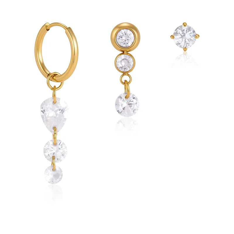 Daniela three piece gold earring set with crystal drop hoop, bezel drop and crystal stud