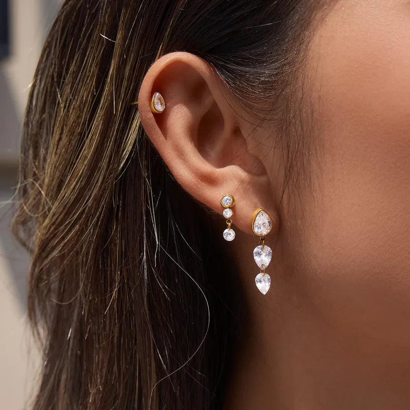 Celine three piece gold earring set with pear crystal studs and crystal drops