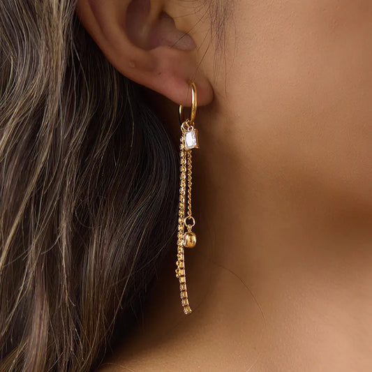 Veronica gold huggie earrings with long crystal chain tassels, view 2