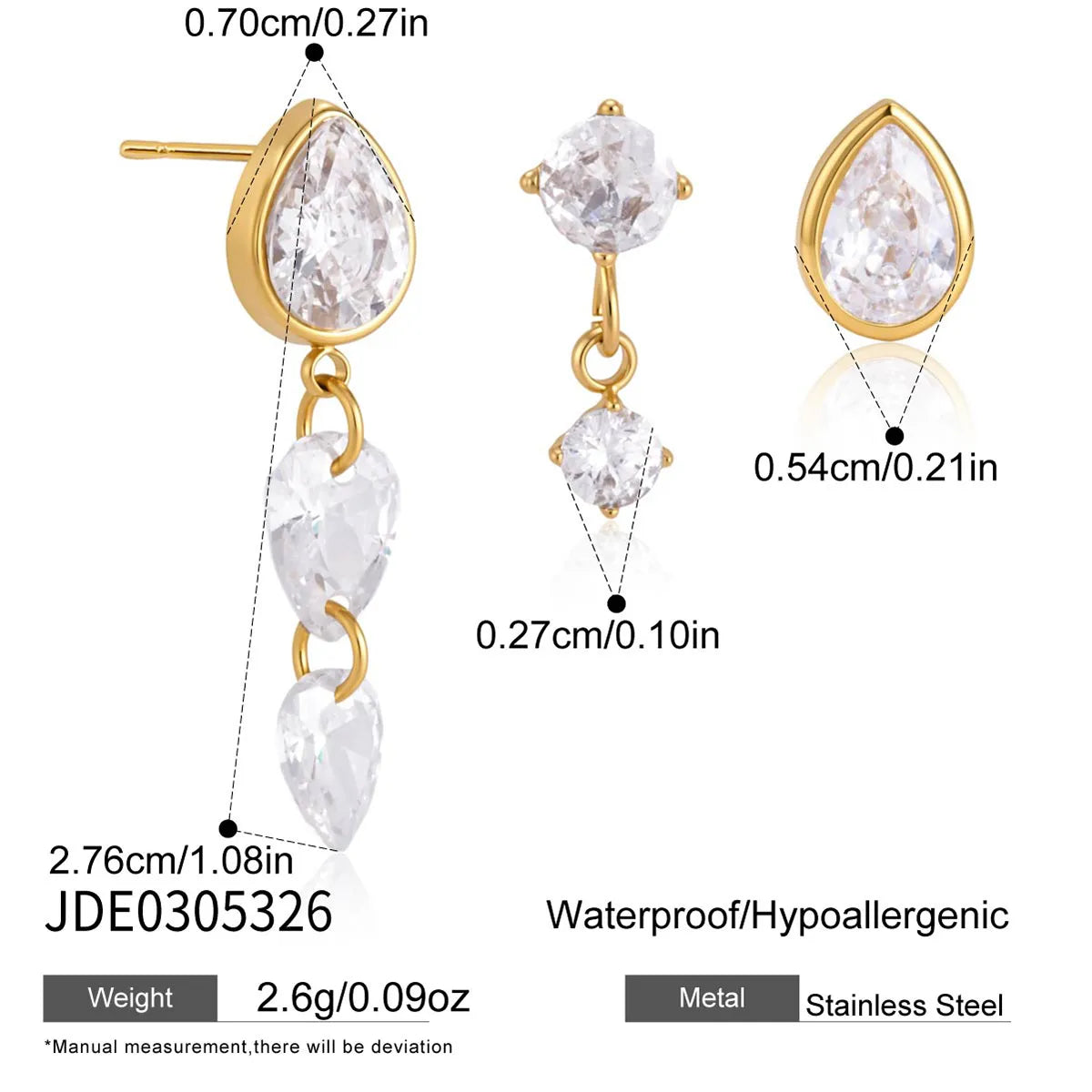 Celine three piece gold earring set with pear crystal studs and crystal drops, size and dimensions