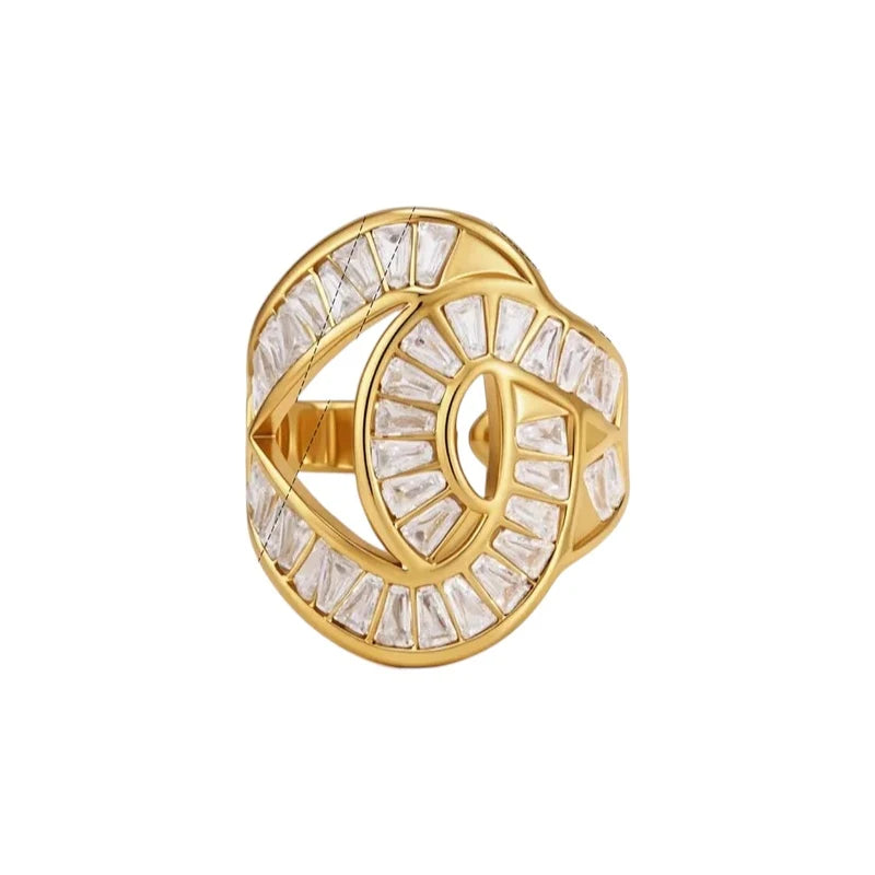 Beatrix gold statement ring shaped like an eye with baguette stones