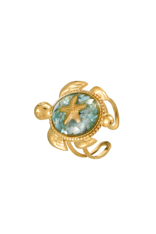 Kaia gold turtle ring with aqua enamel shell and starfish