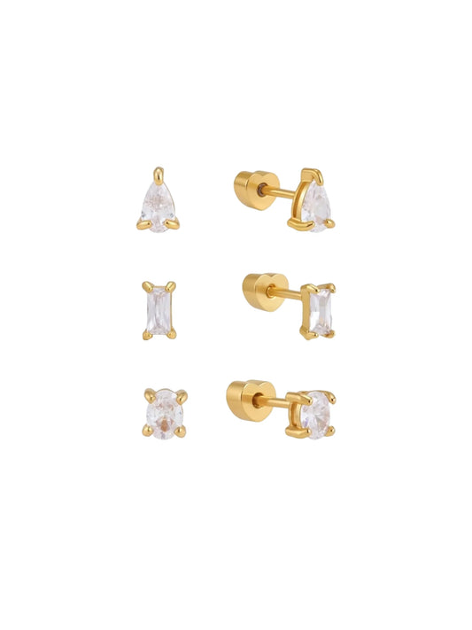 Ava gold stud earring set with pear, baguette and square crystals