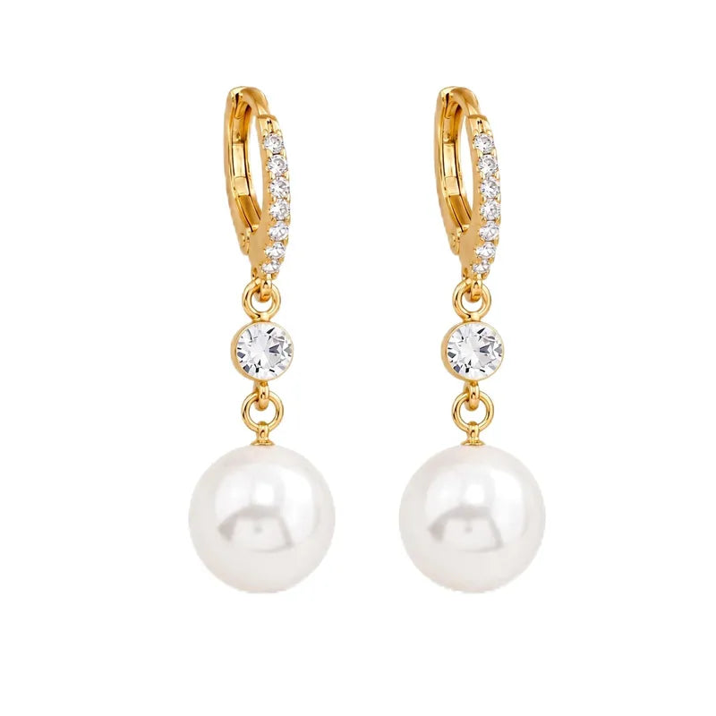 Adeline gold pave huggie hoop earrings with pearl drop, view 3