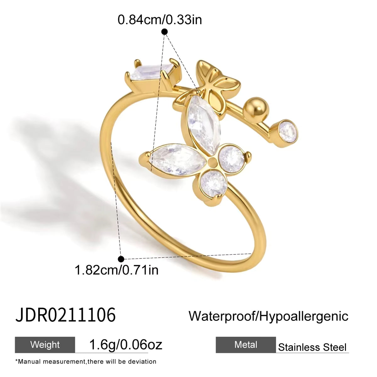Paloma gold open ring with a butterfly and pearls, view 2