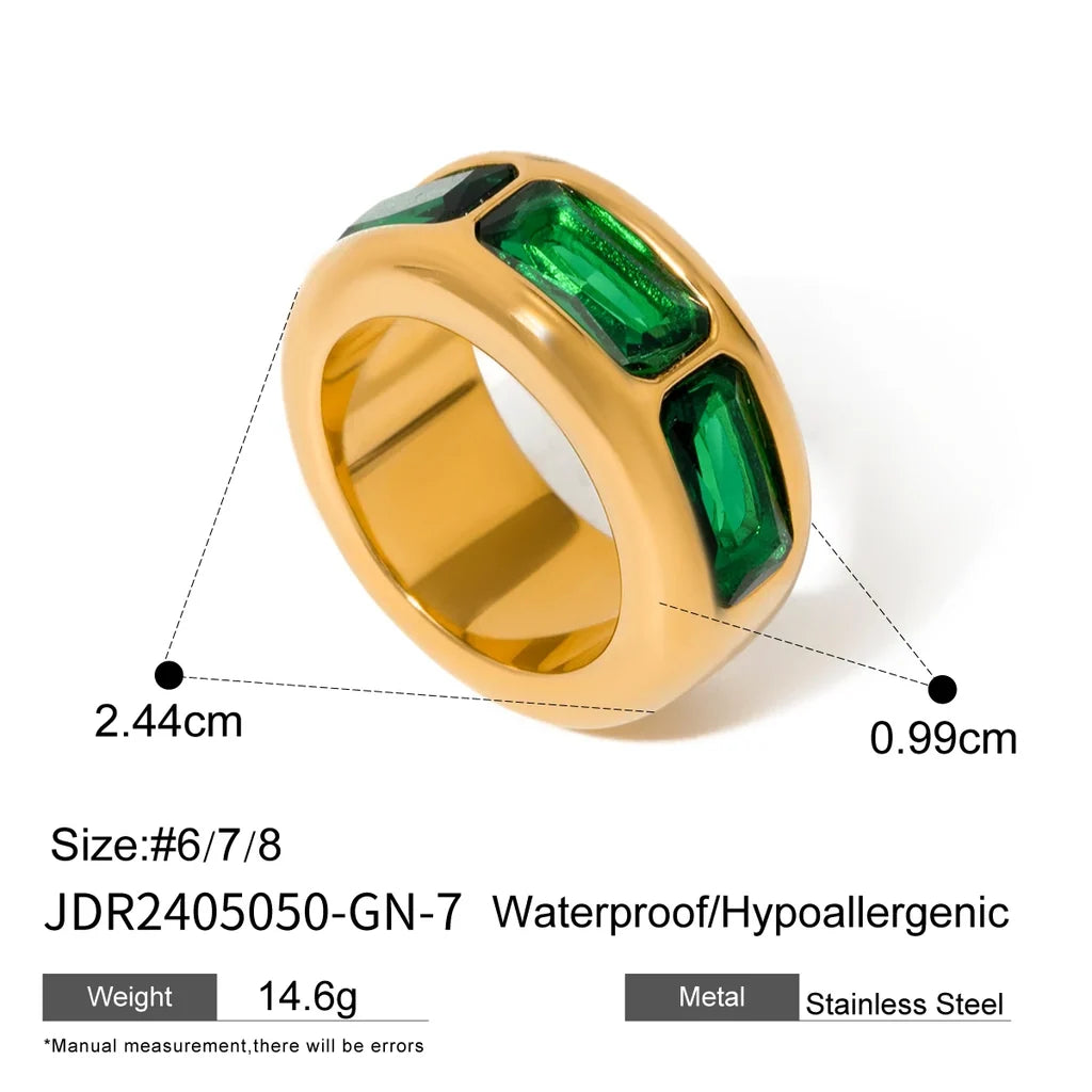 Bonnie chunky gold band with green rectangle stones, view 2