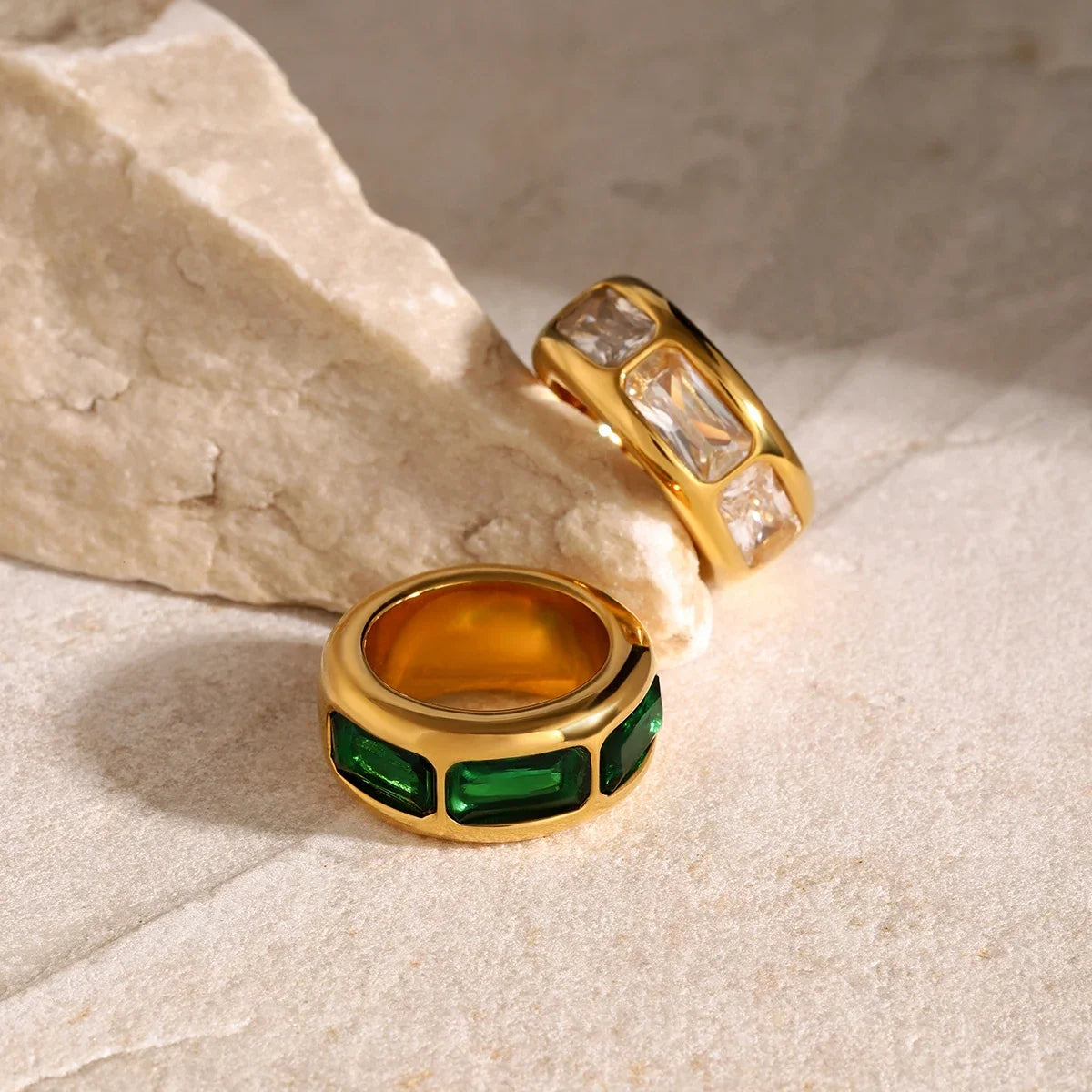 Bonnie chunky gold band with green rectangle stones, view 3