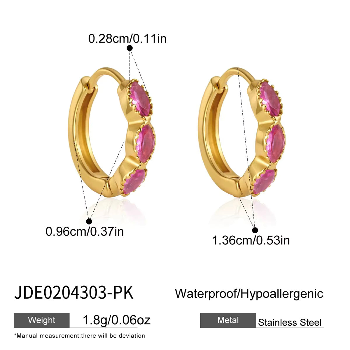 Corinne gold huggie hoop earrings with pink marquise stones, size and dimensions