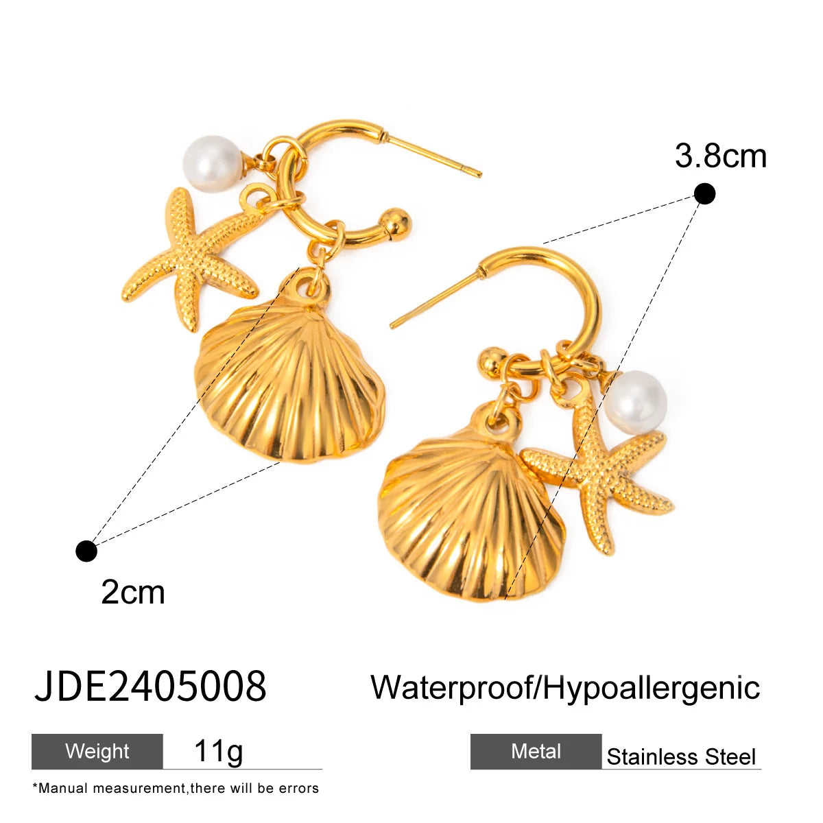 Marigold gold hoop earrings with shell, starfish and pearl charms, size and dimensions
