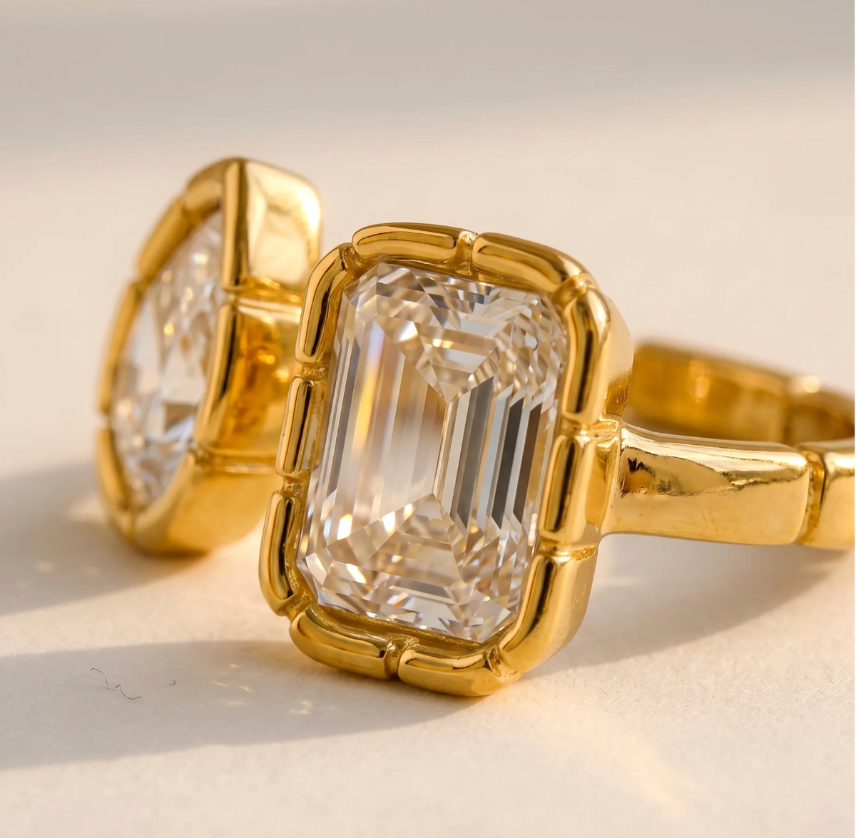 Valentina gold toi-et-moi ring with pear and emerald cut clear stones, view 3