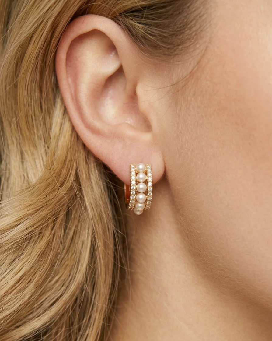 Adelaide wide gold huggie hoop earrings with pearls and crystals, view 2