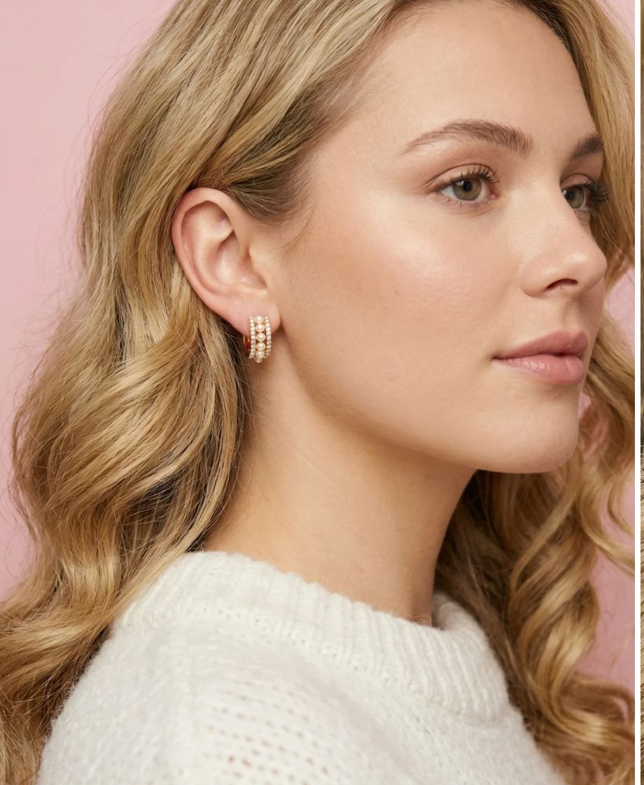 Adelaide wide gold huggie hoop earrings with pearls and crystals, view 4