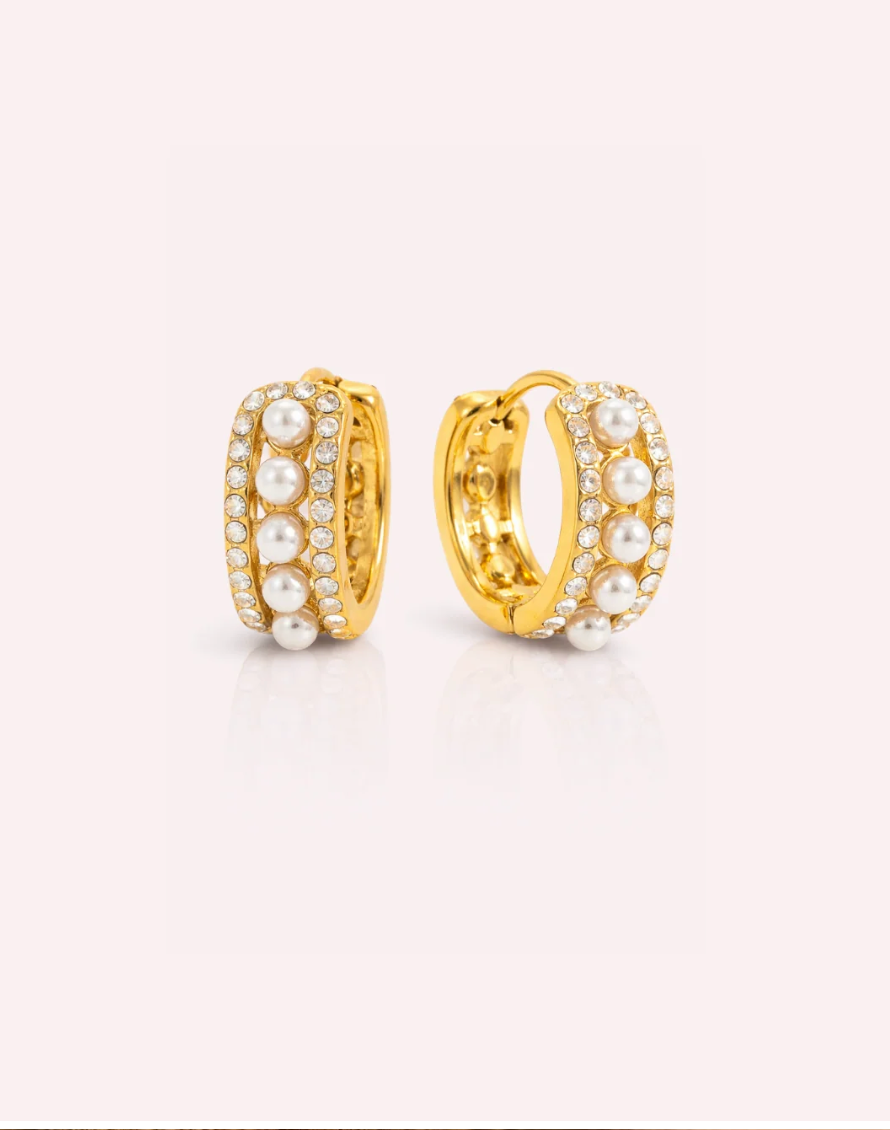 Adelaide wide gold huggie hoop earrings with pearls and crystals, view 3