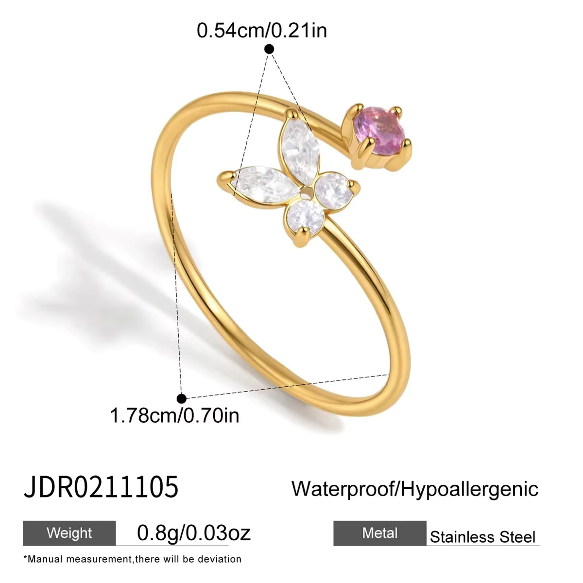 Mariposa gold open ring with a clear butterfly and a pink stone, view 2