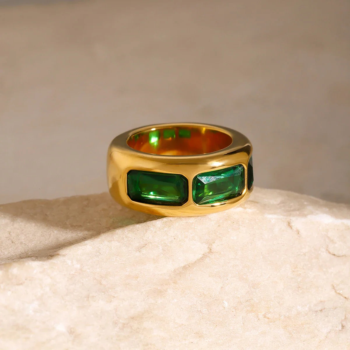 Bonnie chunky gold band with green rectangle stones