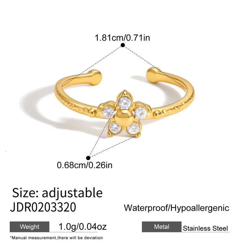 Camellia dainty gold open ring with a single flower of clear stones, view 2