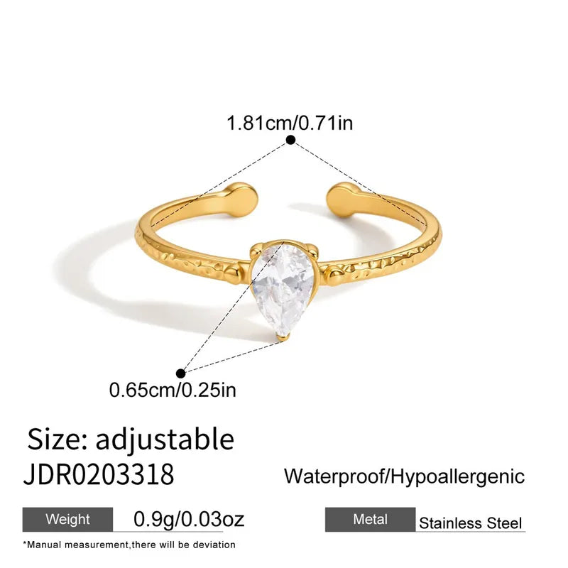 Natalie gold open ring with a pear cut solitaire stone, view 2