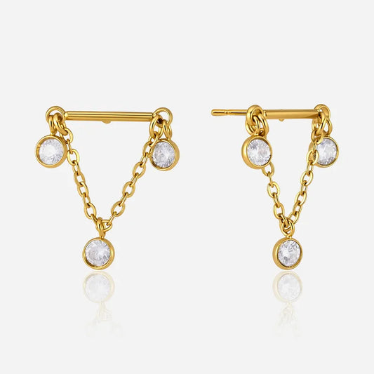 Lottie gold bar stud earrings with crystal chain triangle, view 3
