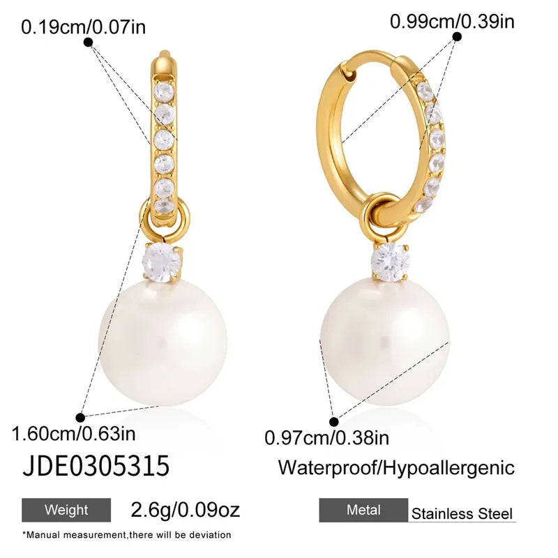 Adeline gold pave huggie hoop earrings with pearl drop, size and dimensions