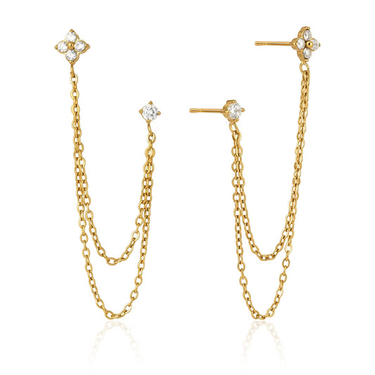 Natasha gold front back chain earrings with crystal studs