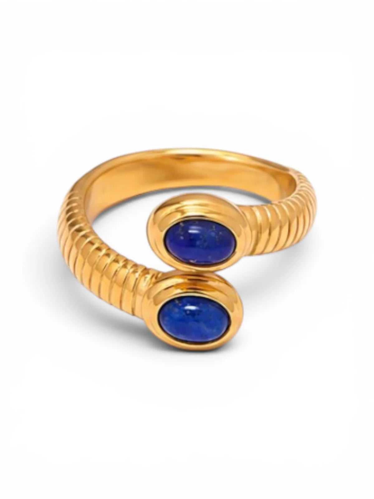 Sabine ribbed gold bypass ring with two blue oval stones