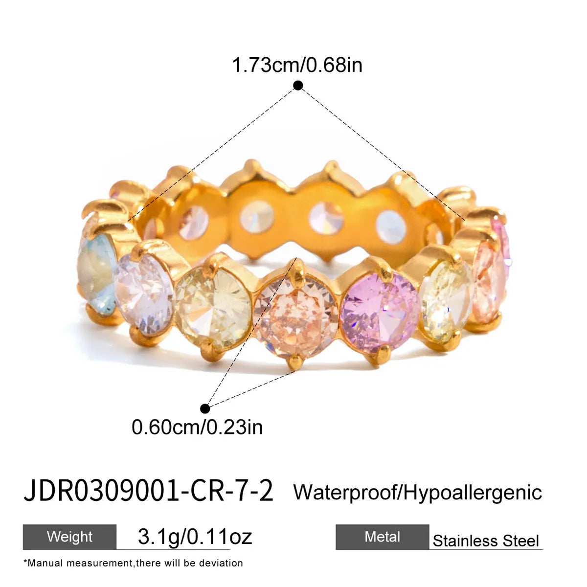 Elara gold eternity band with pastel multi-coloured stones, view 2