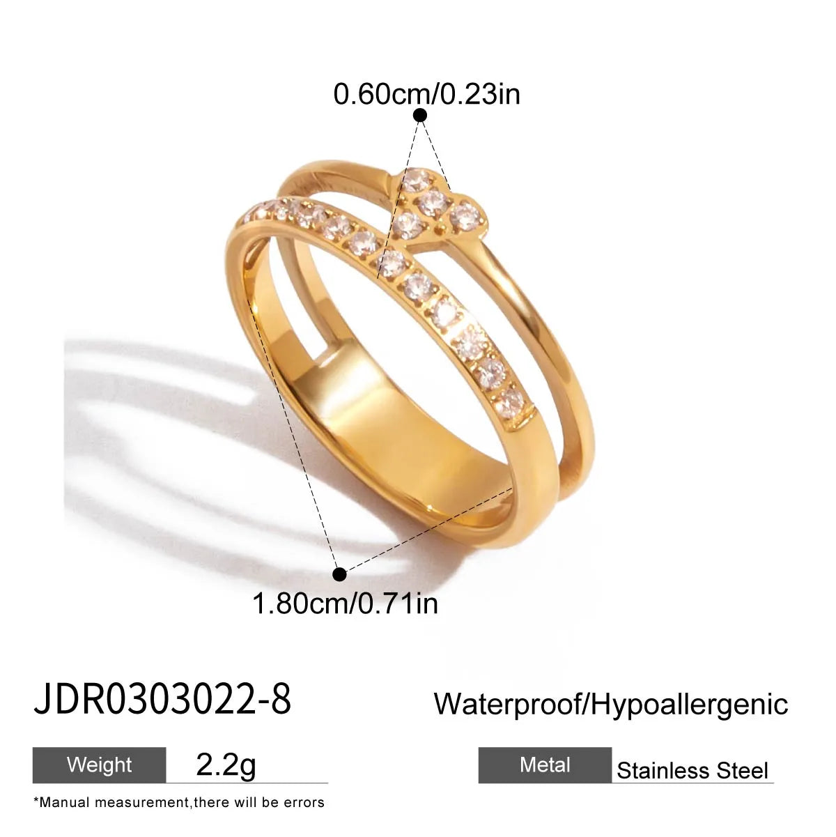 Annabel gold double band ring with a pave heart, view 2