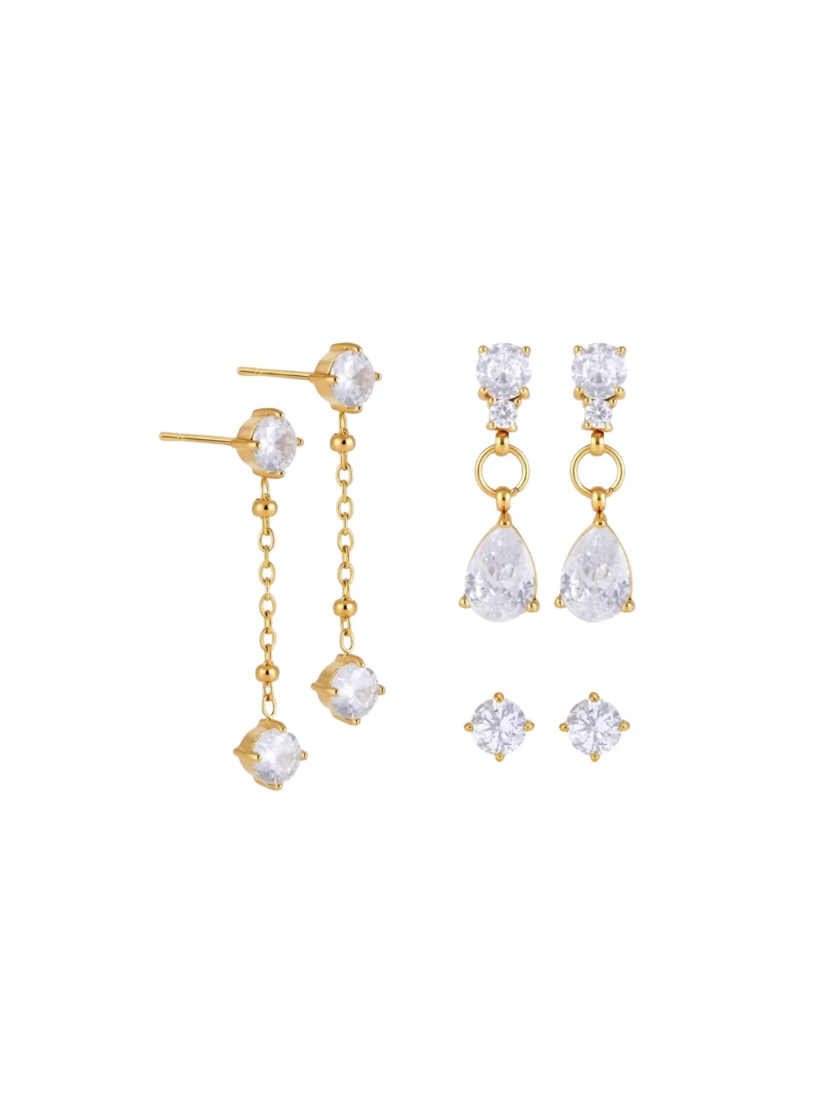 Josie gold earring set with crystal chain drop, pear crystal drop and mini studs