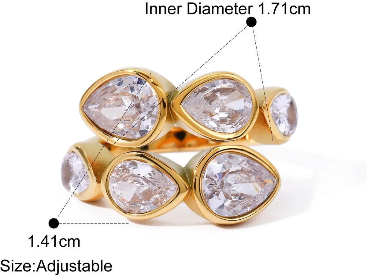 Sylvie gold ring with four pear cut stones in two rows, view 2