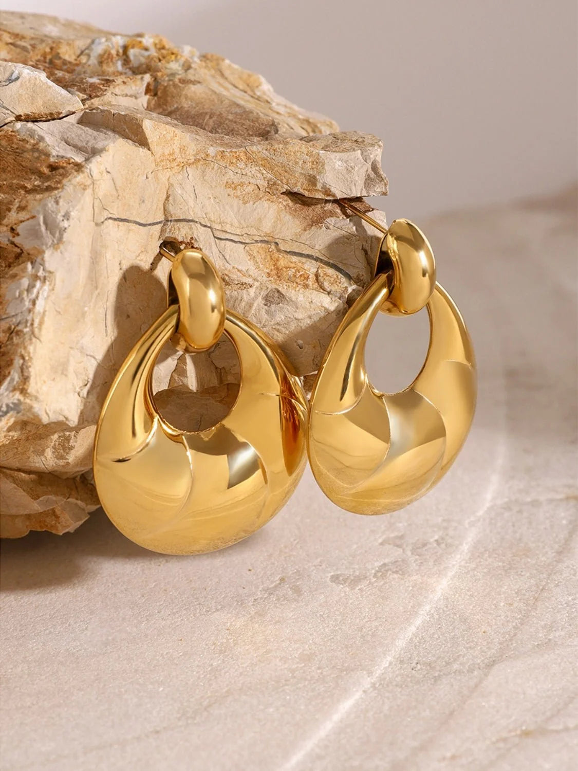 Beatrice chunky gold teardrop door knocker earrings, view 2