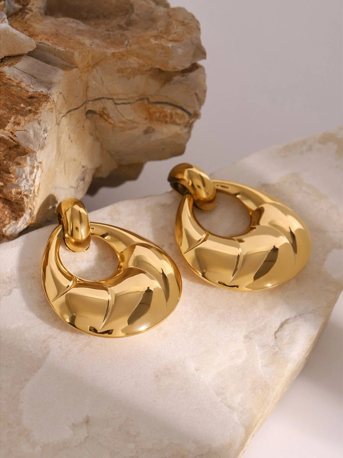 Beatrice chunky gold teardrop door knocker earrings, view 3