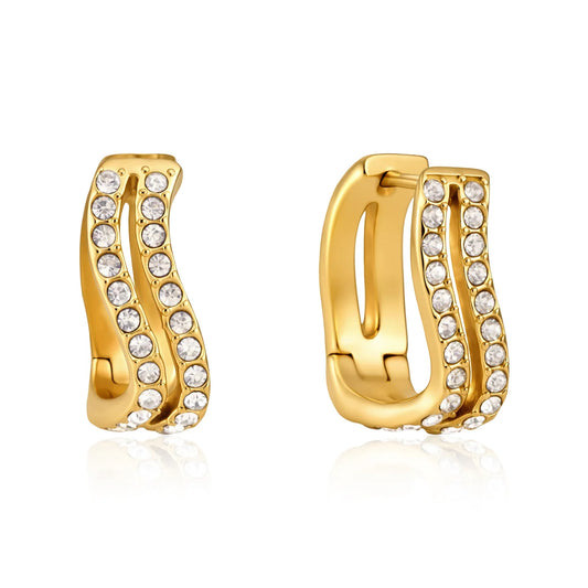 Yvette gold wavy double hoop earrings with crystal pave