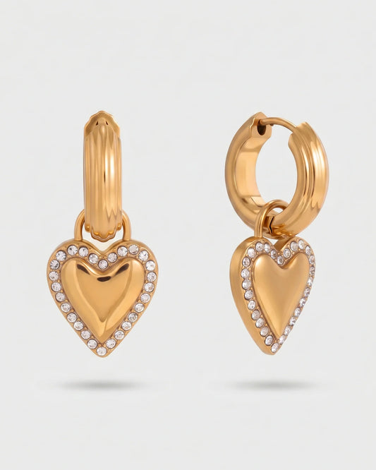 Valerie gold huggie earrings with crystal outlined heart charm
