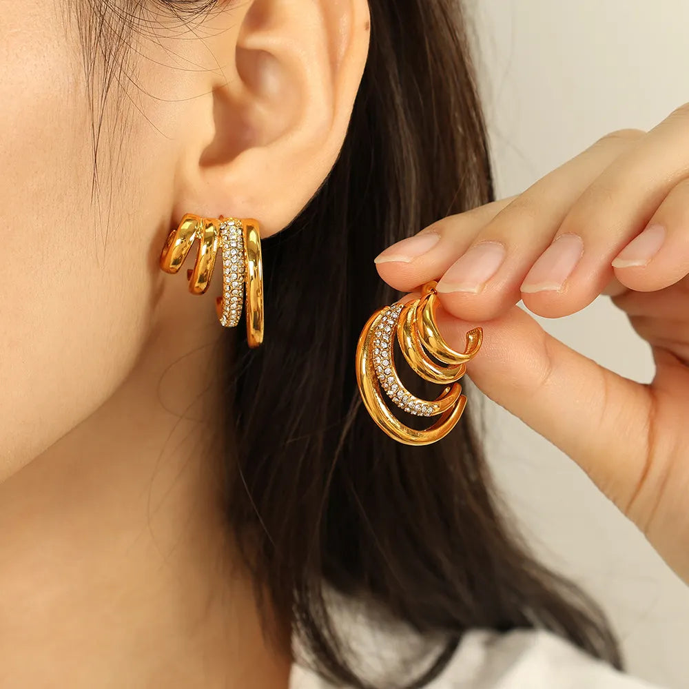 Tallulah gold triple claw hoop earrings with pave crystal band, view 2