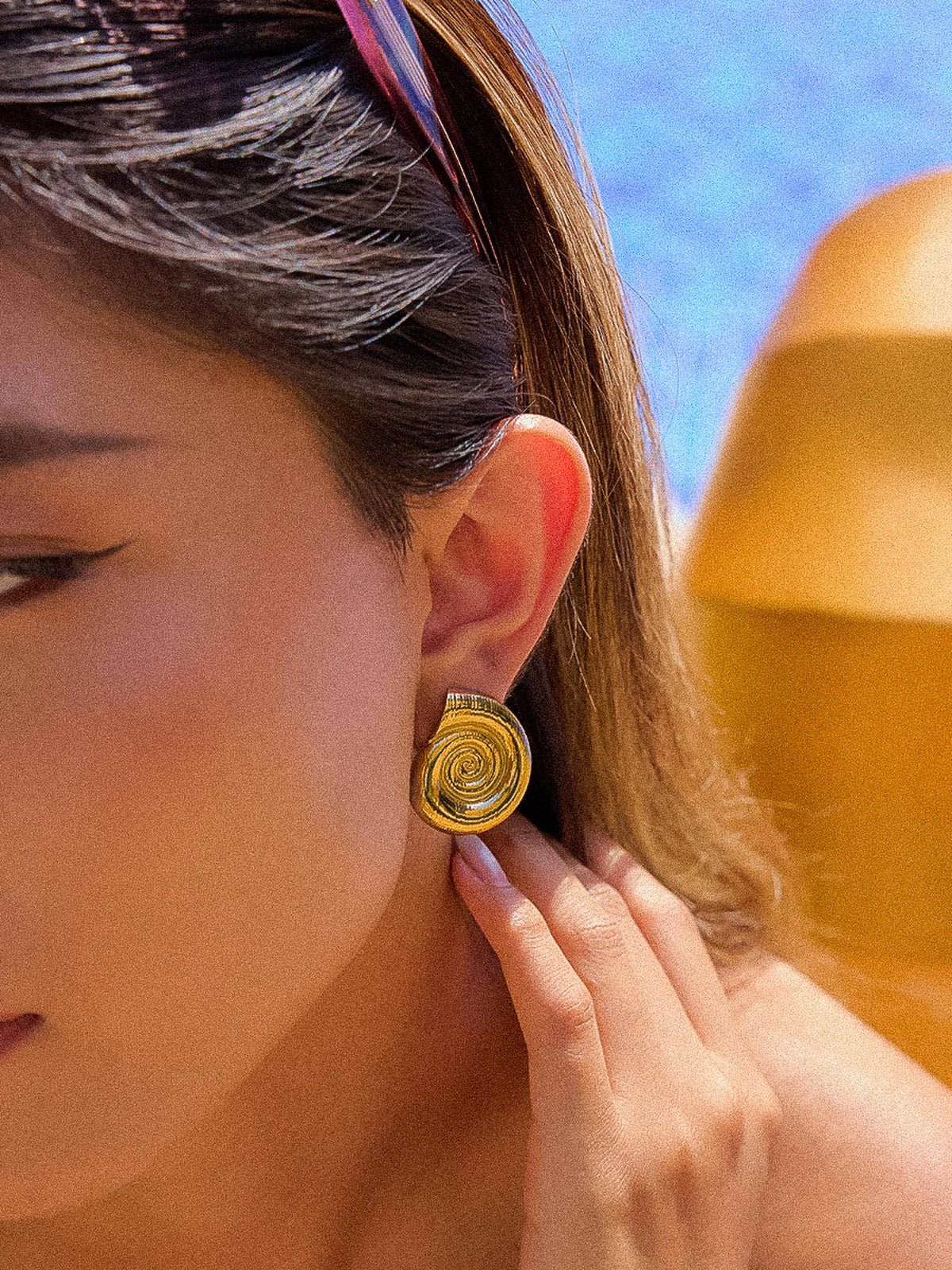 Celia gold spiral seashell stud earrings, view 2