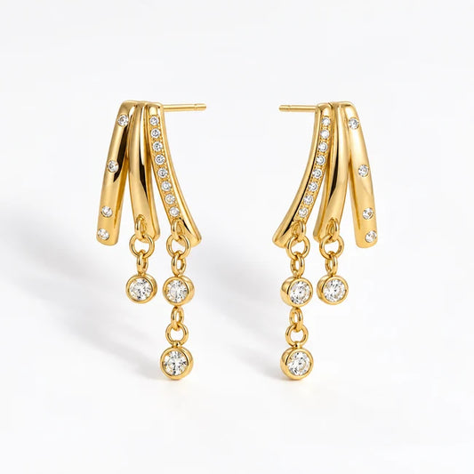 Liliana gold layered bar ear climber earrings with round crystal drops