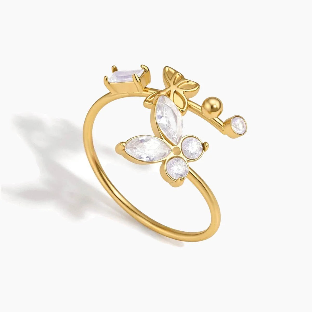 Paloma gold open ring with a butterfly and pearls