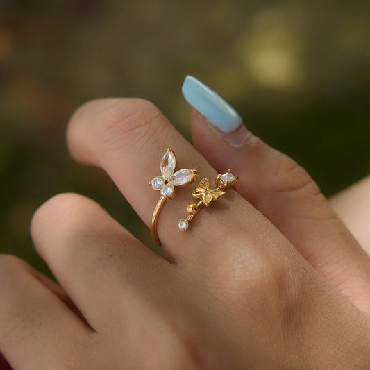 Paloma gold open ring with a butterfly and pearls, view 3