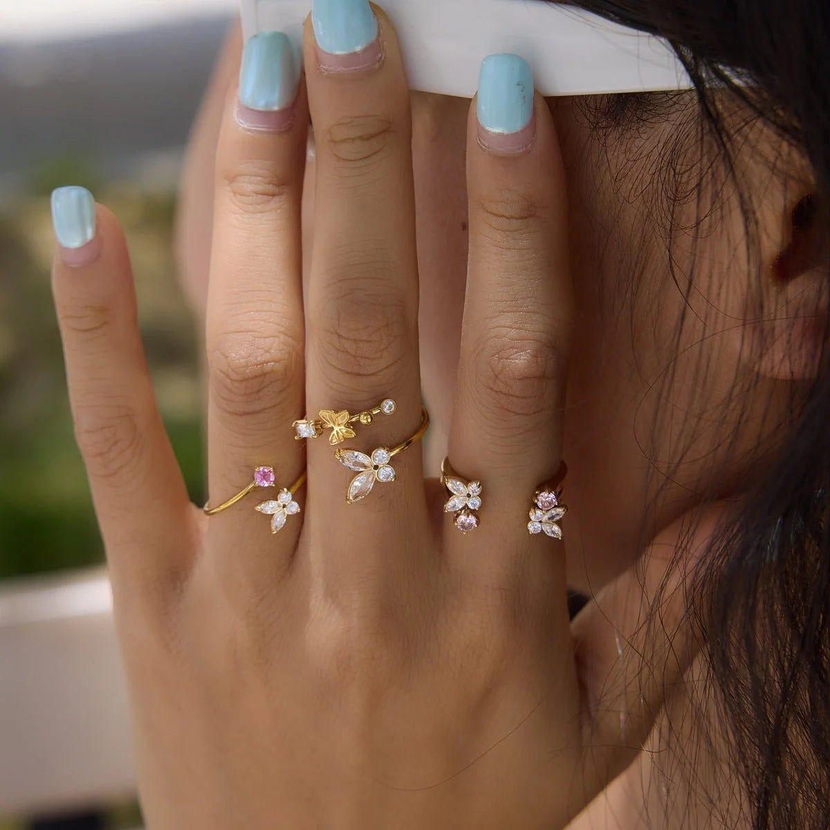Paloma gold open ring with a butterfly and pearls, view 4
