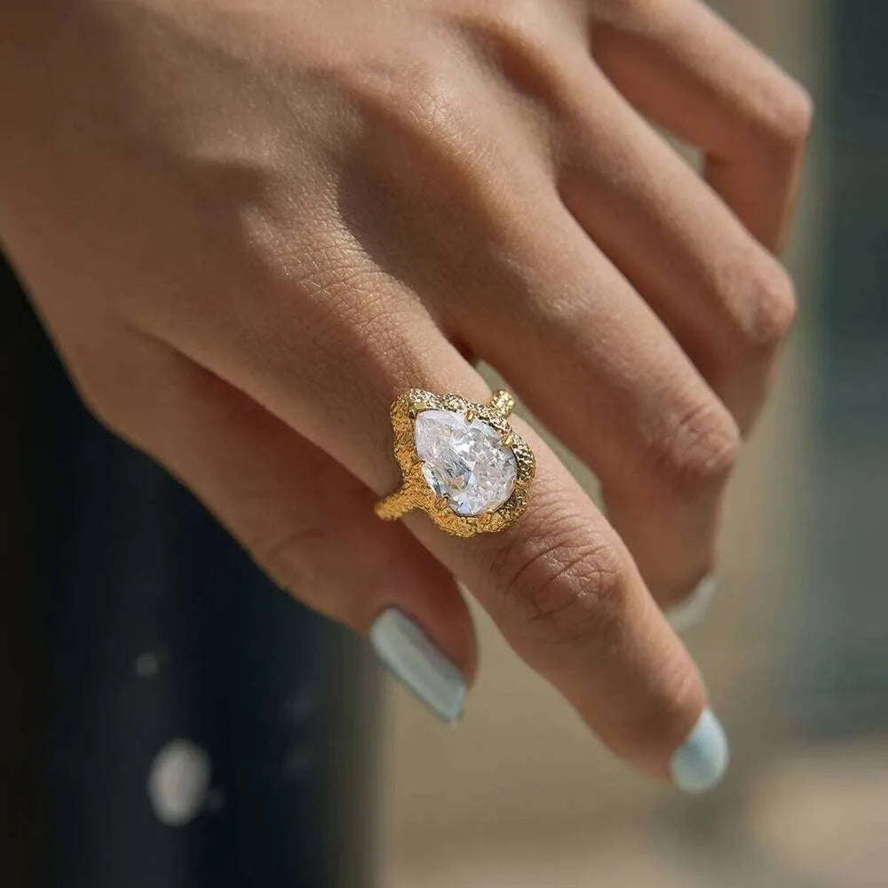 Clarissa textured gold statement ring with a large pear stone, view 2