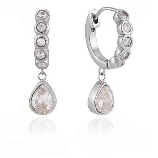 Elise silver huggie earrings with bezel crystals and pear drop