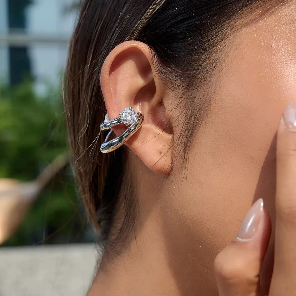 Chunky Studded Ear Cuff Earrings (Silver)