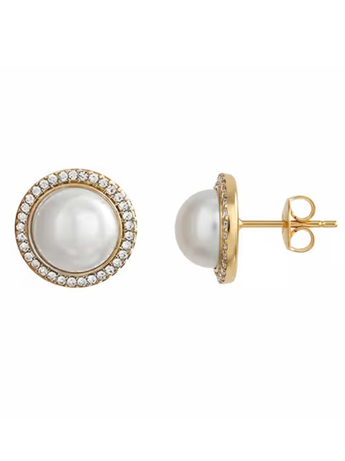 Imelda gold pearl stud earrings with crystal halo, view 2